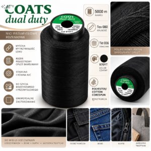 Nici przemysłowe COATS Dual Duty 36 Txt czarne 5000m rdzeniowe odzież BHP